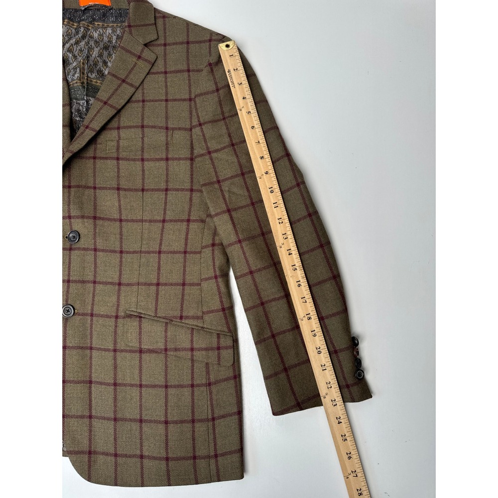 Tallia Rothmans New York Mens 40R Wool Blazer Olive Green Burgundy Plaid Jacket - Picture 4 of 10